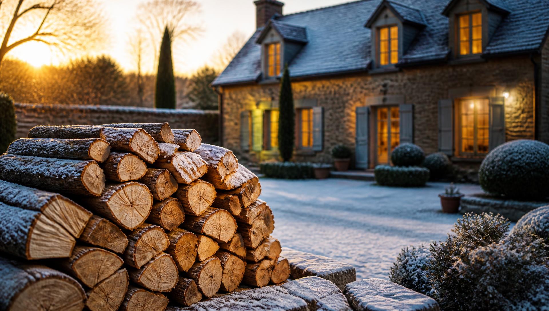 Bois de chauffage rangé devant une maison normande chaleureuse